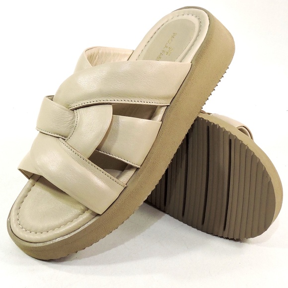 PAOLA FABIANI 🇮🇹 WOMEN'S BEIGE LEATHER COMFORT FLAT PLATFORM MULES - Picture 7 of 7